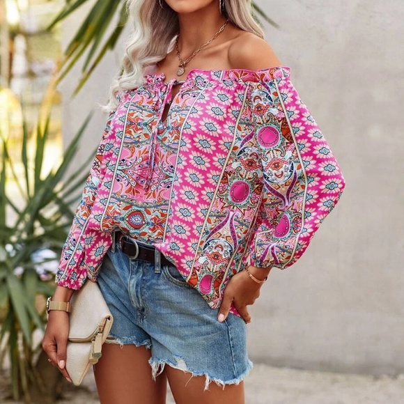Boho Floral Print Off Shoulder Blouse - Picture 3 of 13